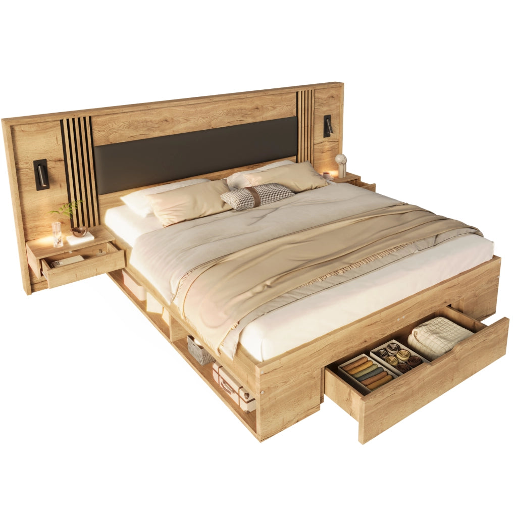 Letto 160x200 cm con cassetto, comodini e luci orientabili in MDF naturale