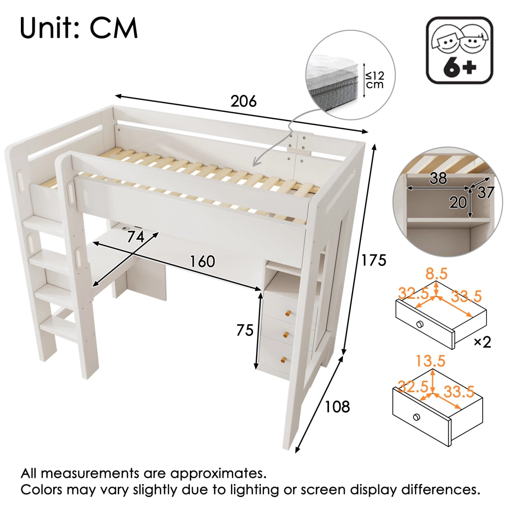 OKWISH Letto a Soppalco 90×200 cm, Letto Singolo con Scrivania ad L, 3 Mensole, 3 Cassetti, USB e Tipo C, senza Materasso, Legno, Bianco