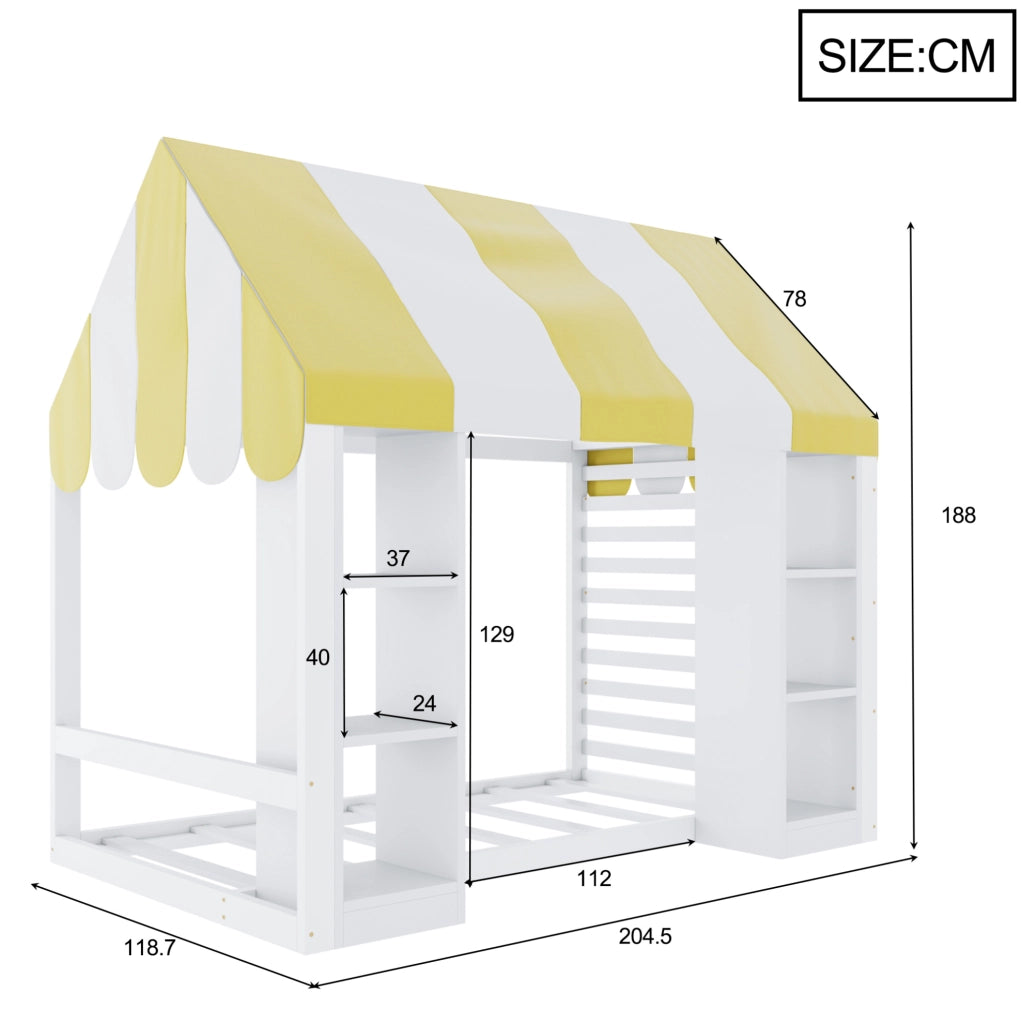 Letto per bambini in stile cottage con baldacchino e vani portaoggetti aperti 90x200 cm; bianco