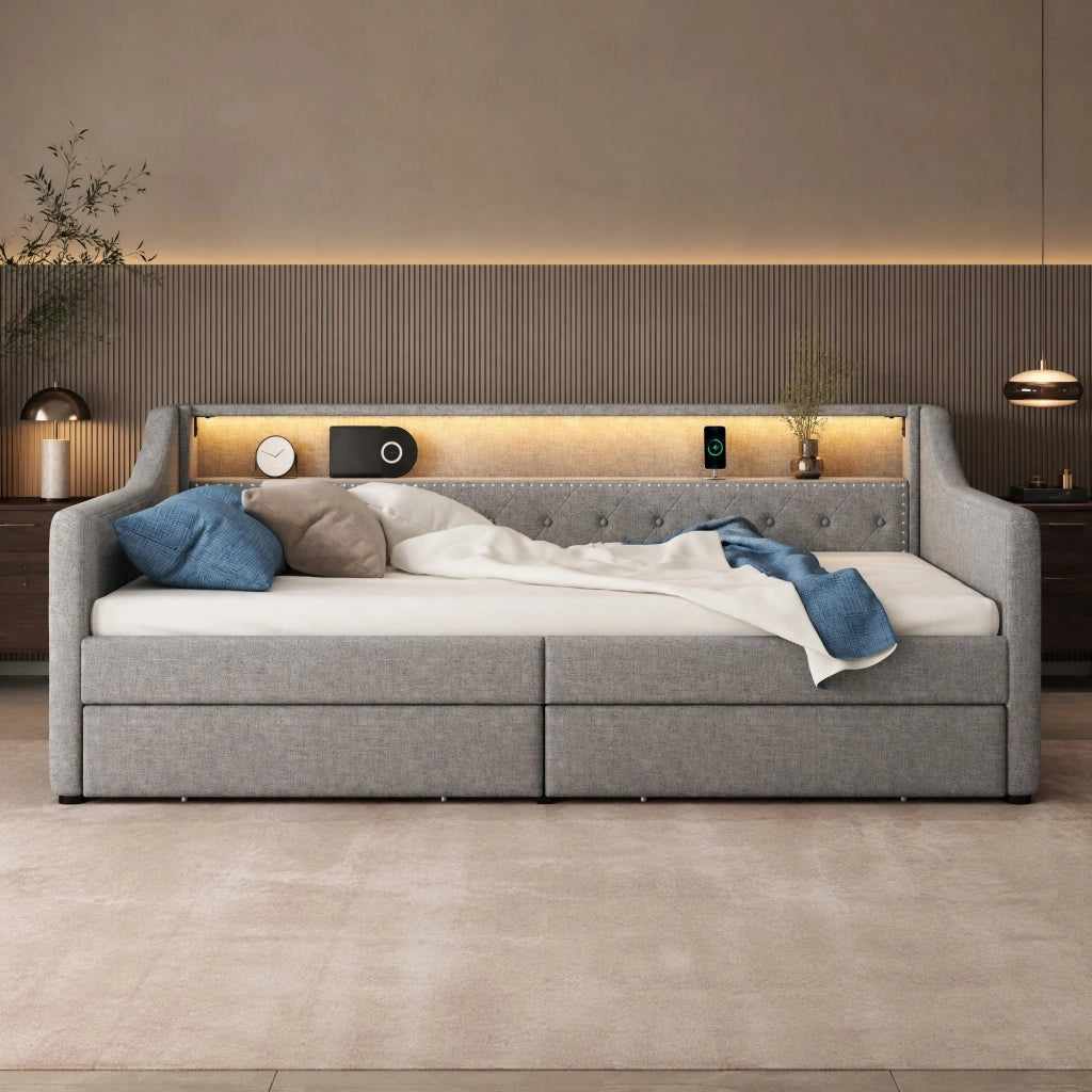 Divano letto 90x200 cm con LED, USB e 2 cassetti grigio