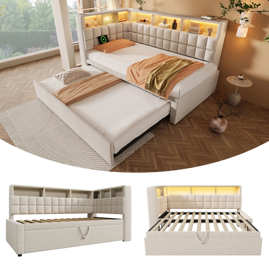 Letto imbottito 90x200 con letto estraibile, LED, Bluetooth e ricarica USB/Type-C
