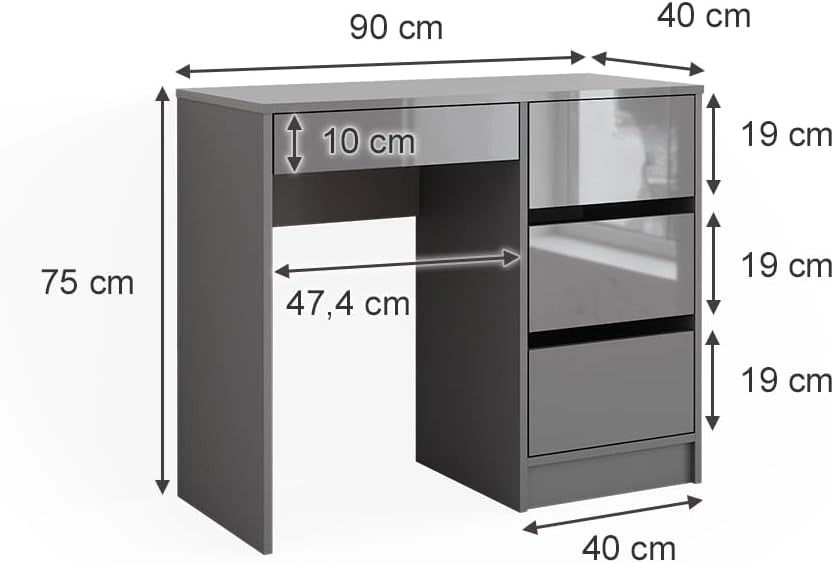 Tavolo da toeletta Sherry, Grigio lucido, 90 cm con 4 cassetti, adatto per l’uso come tavolo da toeletta o superficie d’appoggio