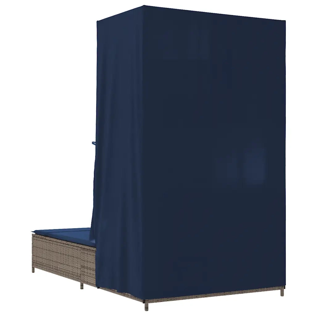 Lettino Prendisole Doppio Tetto e Tende Grigio in Polyrattan 368106