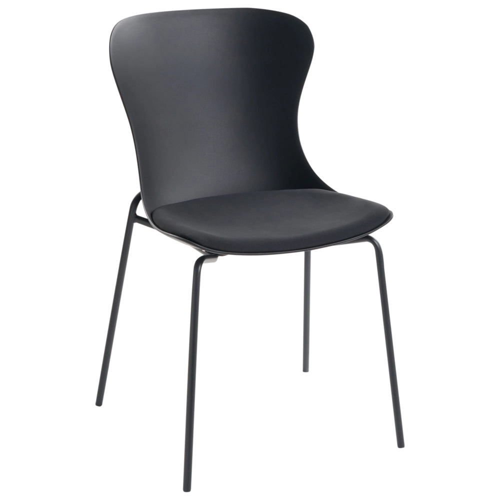Set di 2 sedie da pranzo con seduta in materiale sintetico nero e struttura in metallo, con cuscino, in stile minimalista scandinavo