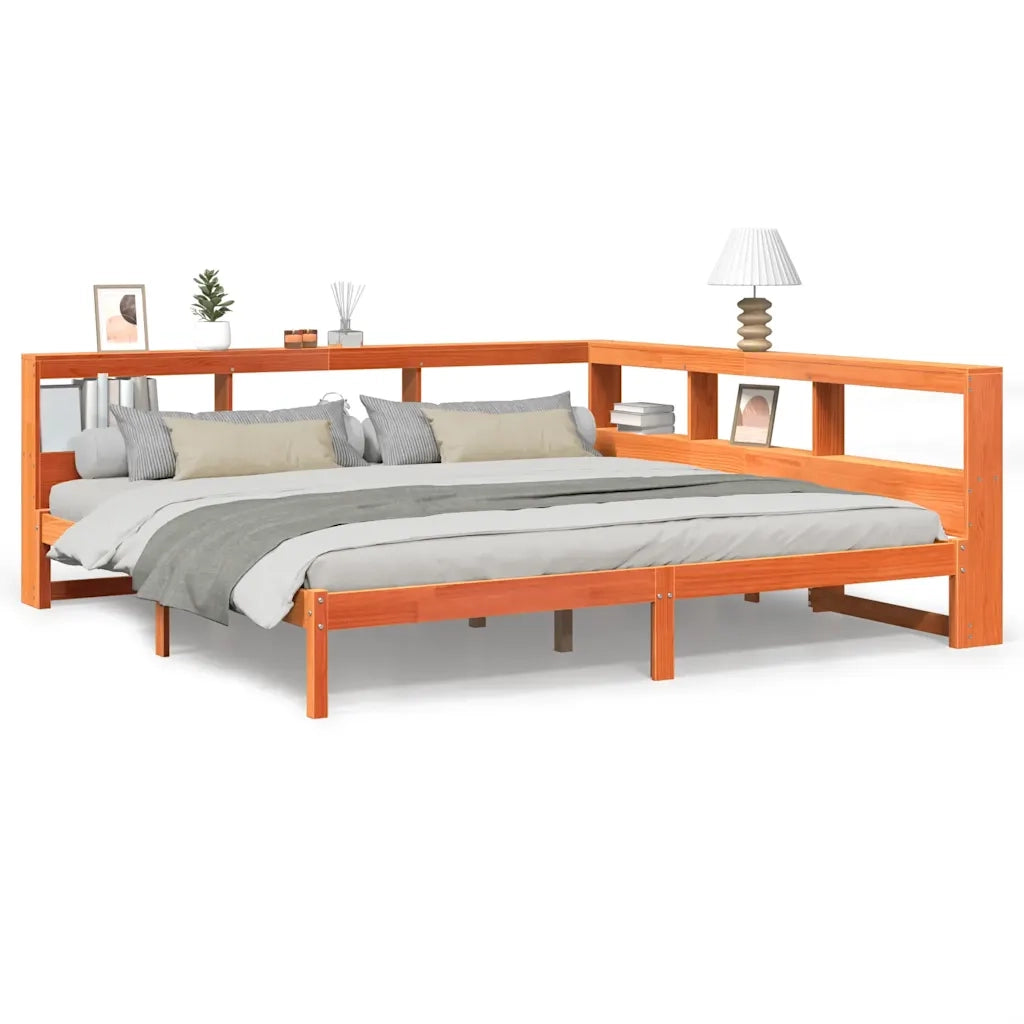 Letto Libreria senza Materasso-Struttura Letto con contenitore Marrone Cera 200x200 cm in Pino 544691