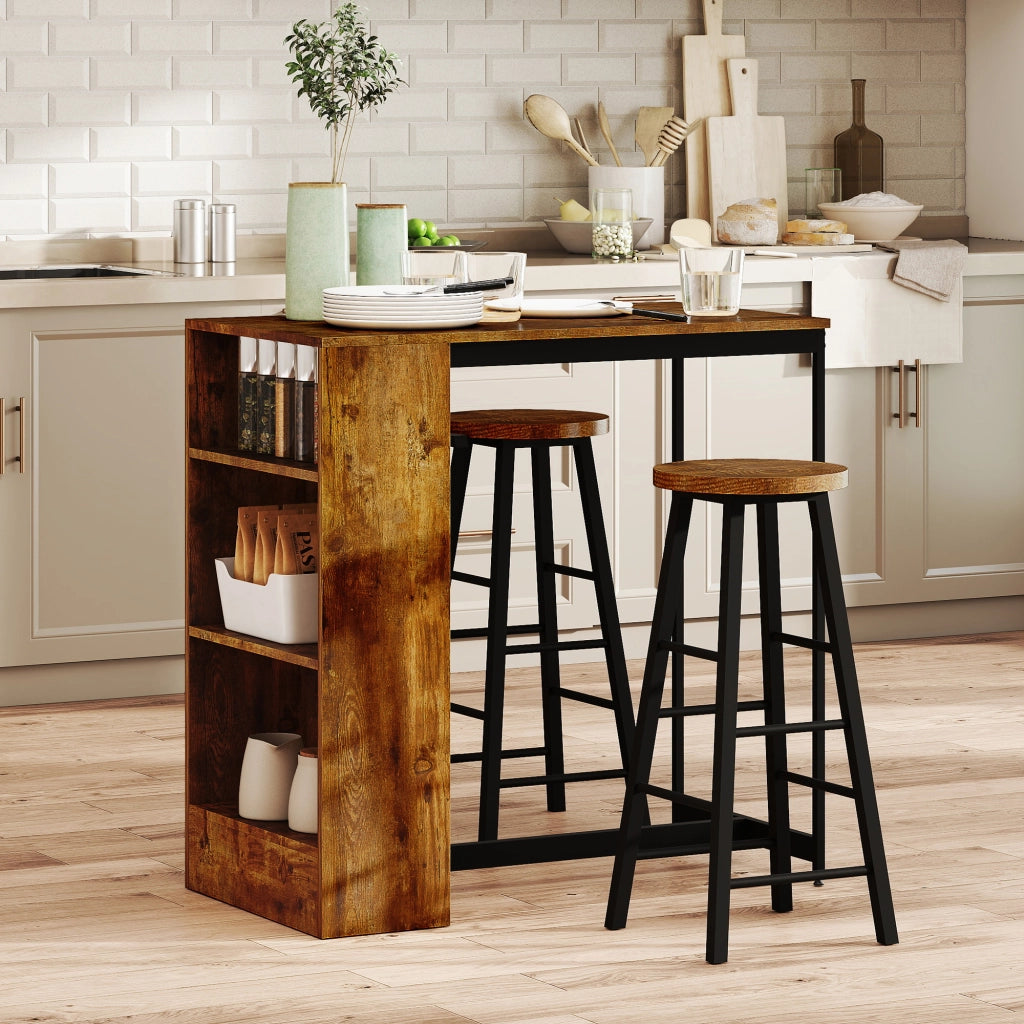 Set da Pranzo con Bancone Bar con 3 Ripiani e 2 Sgabelli Alti con Poggiapiedi Stile Industriale, Marrone