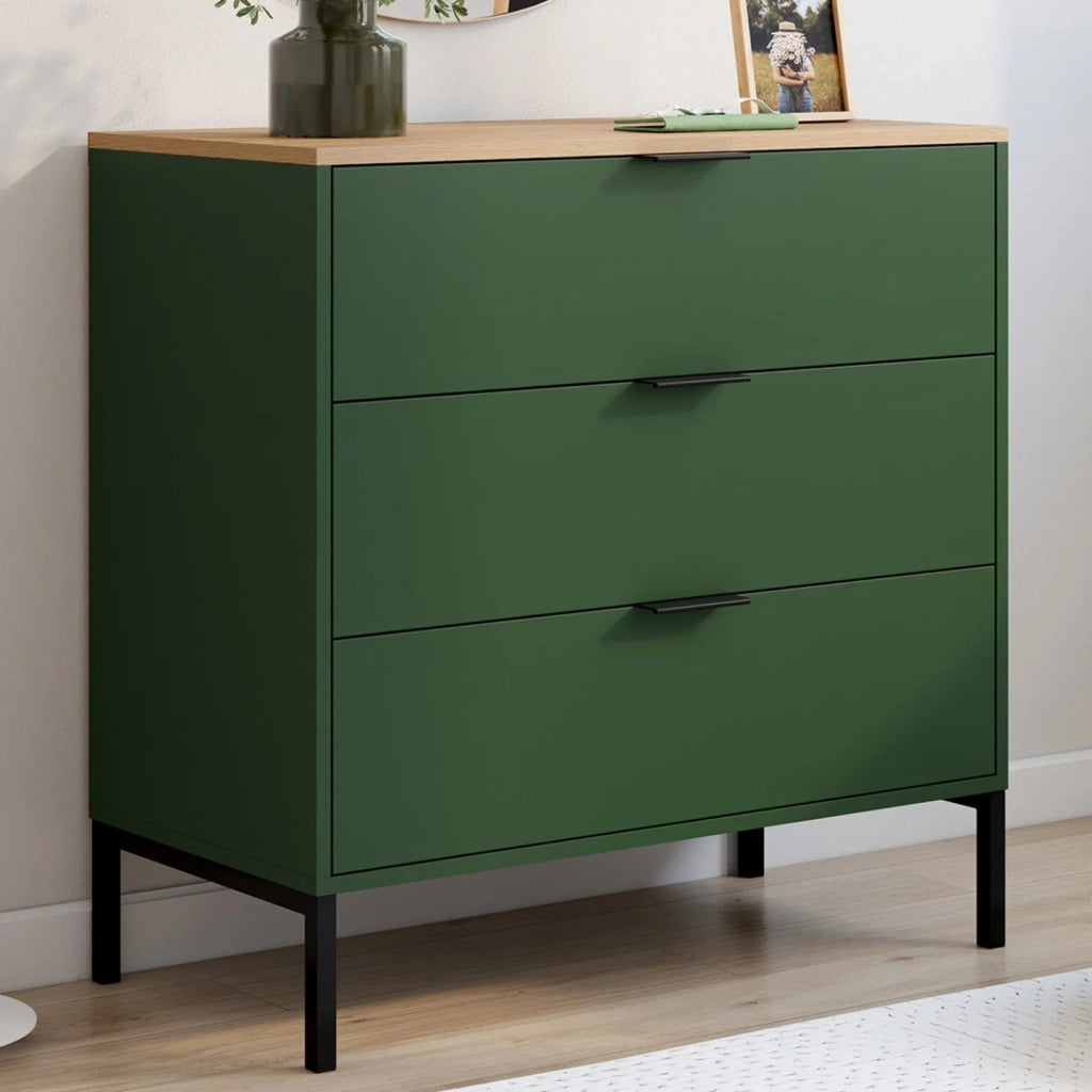 IDMarket - KELIA 80 cm cassettiera a 3 cassetti verde cachi con piano in legno