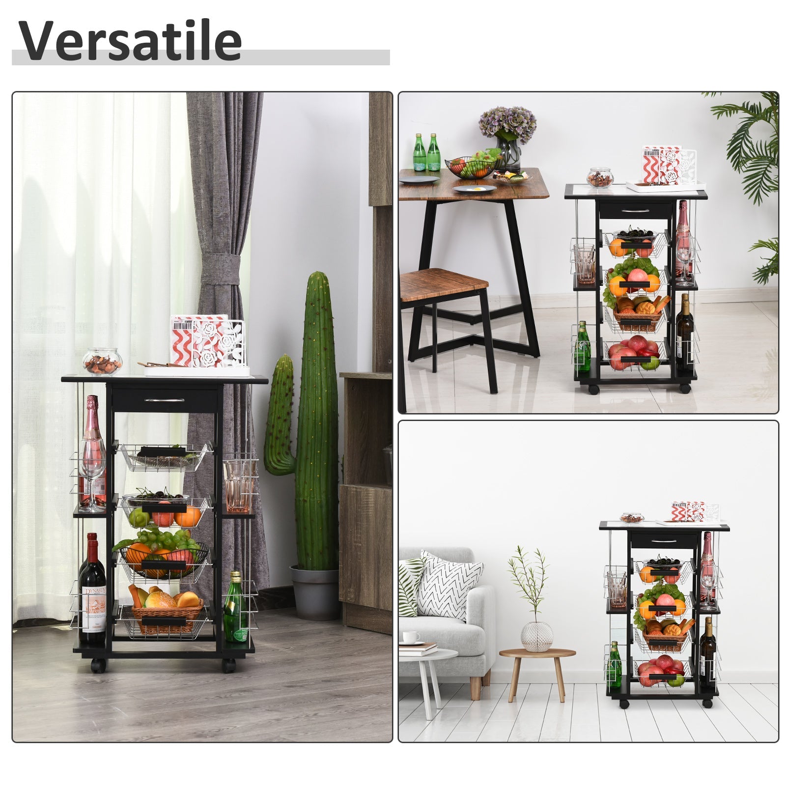 Carrello da Cucina con 4 Cestini e 4 Scomprati in Legno di Pino 57x37x83 cm  Nero