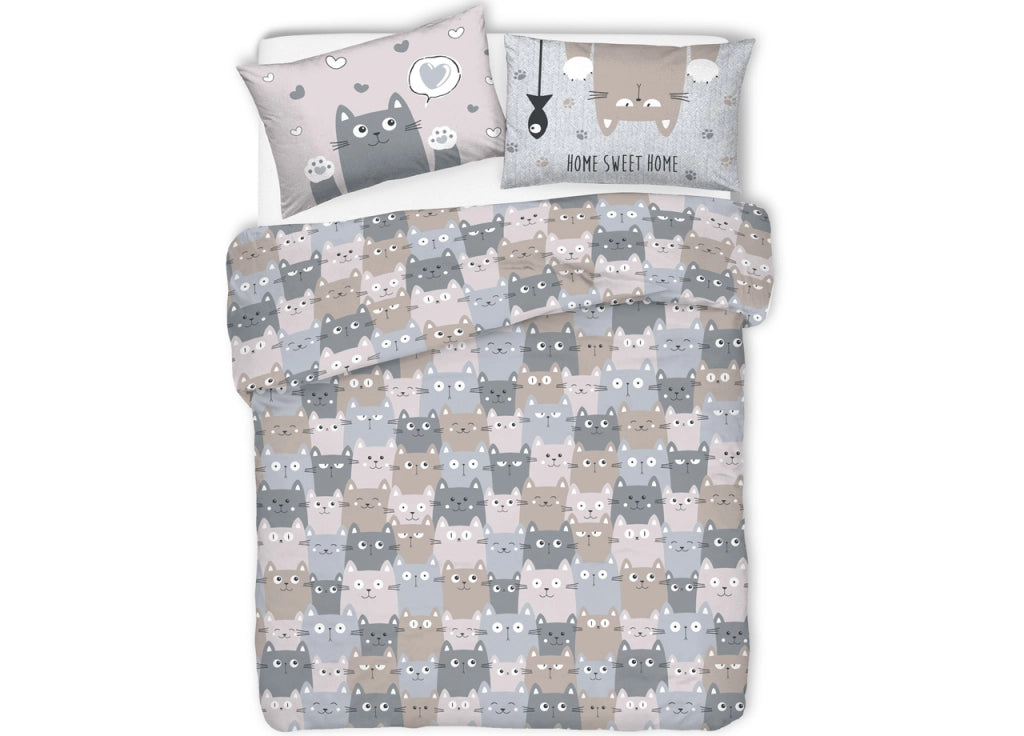 Copripiumino Sacco Piumone Pensieri Delicati Cotone Disegno Happy Cat - Singolo - Grigio
