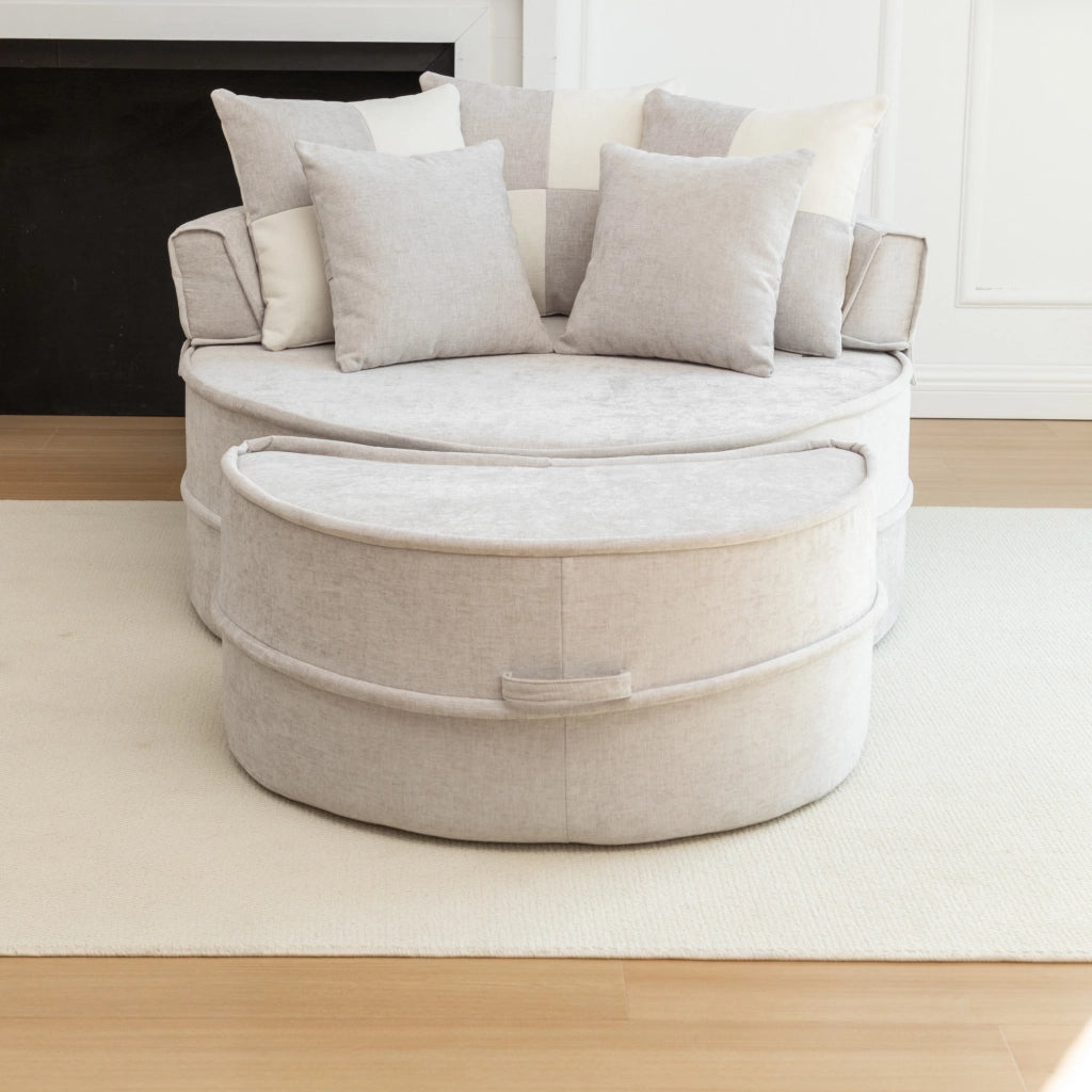 Poltrona rotonda senza montaggio con ottomana e 5 cuscini in schiuma chenille grigio per soggiorno 121 × 107 cm