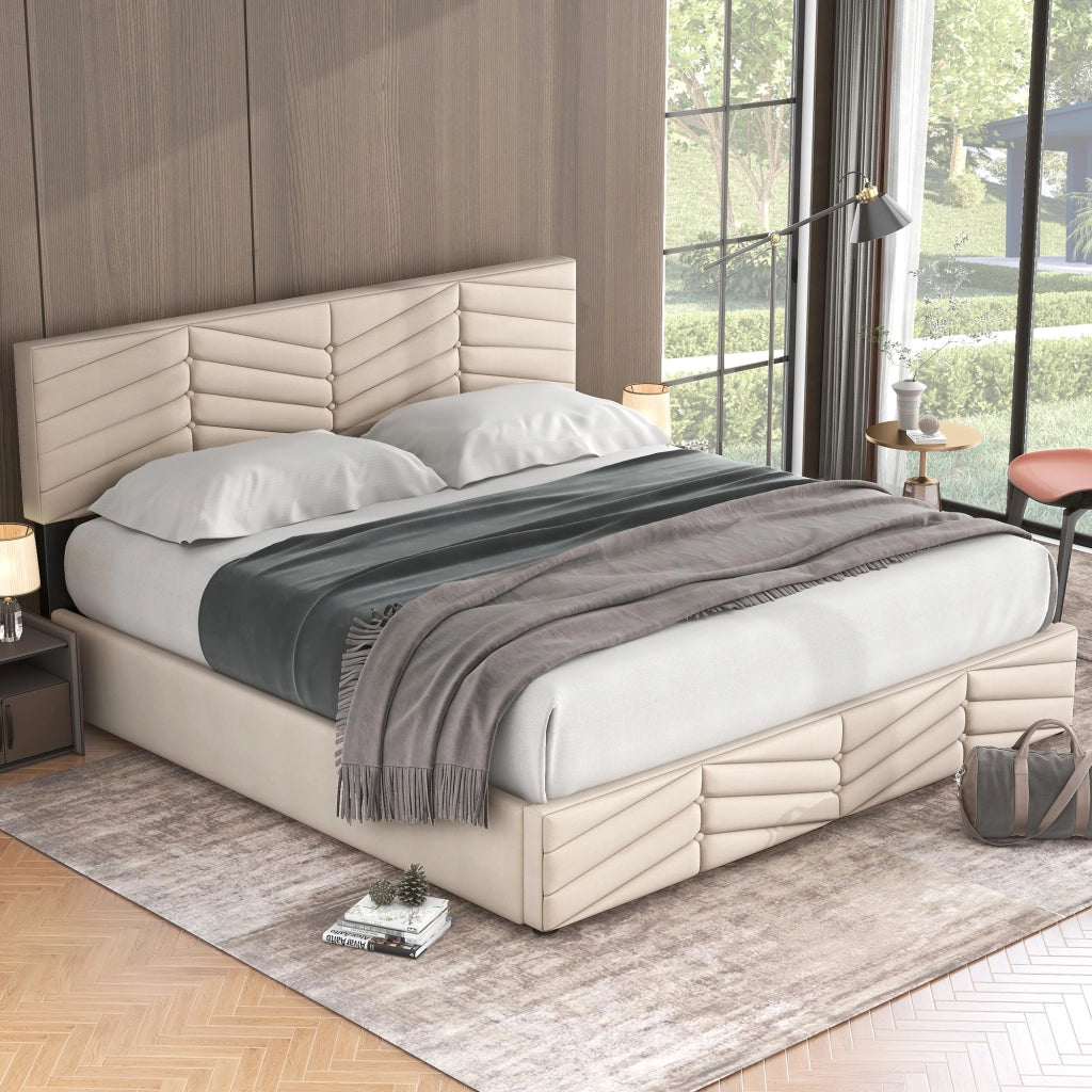 Letti contenitori 160x200 cm; contenitore idraulico e testiera regolabile; velluto beige (Senza materasso)