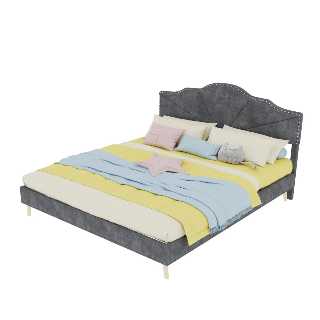 Letto 160x200 cm con testiera geometrica e rete a doghe; tessuto grigio