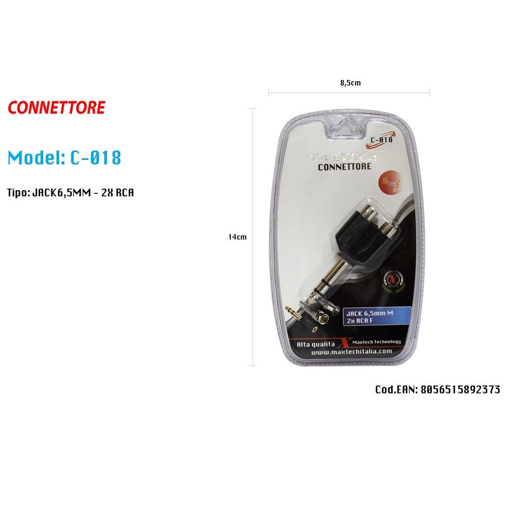 Trade Shop - Connettore Adattatore 1 Jack 6,5mm Spina Maschio–2 Rca Femmina Stereo Maxtech C-018 -