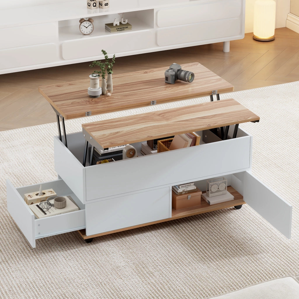 Tavolino da Salotto Sollevabile con 1 Cassetto; 1 Armadietto e 2 Ripiani; con Ruote; Stile Moderno; in Pannello Truciolare; Bianco e Legno; 100×98×65 cm