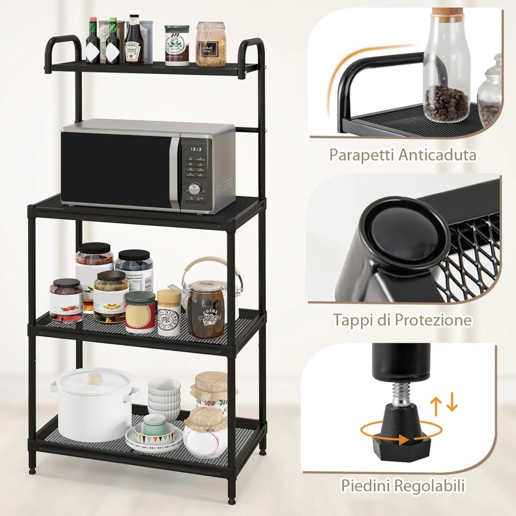Microonde Scaffale da Cucina per Microonde in Metallo a 4 Ripiani, Carrello per Microonde Scaffalatura Organizzatore Portaoggetti, 60 x 34 x 136 cm (Nero)