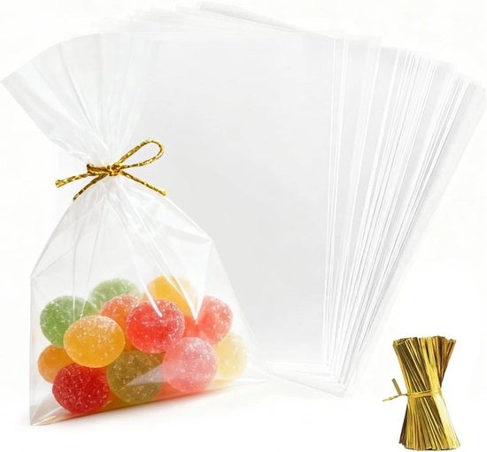 Zaini trasparenti di plastica, 13 x 18 cm, 120 pezzi, per dolci, cioccolato, biscotti e regali con 200 nastri metallici