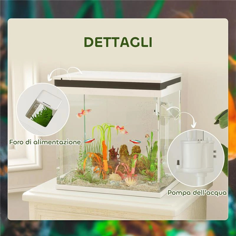 ACQUARIO PER PESCI ROSSI 26L CON LUCI LED SISTEMA DI FILTRAGGIO E POMPA D'ACQUA 38X26X38 CM BIANCO