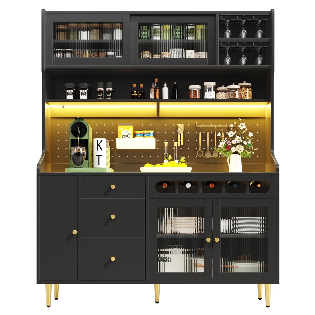 OKWISH Credenza alta da cucina con 1 cassetto, ripiani regolabili, LED USB e portabottiglie, per cucina, MDF e vetro, nero