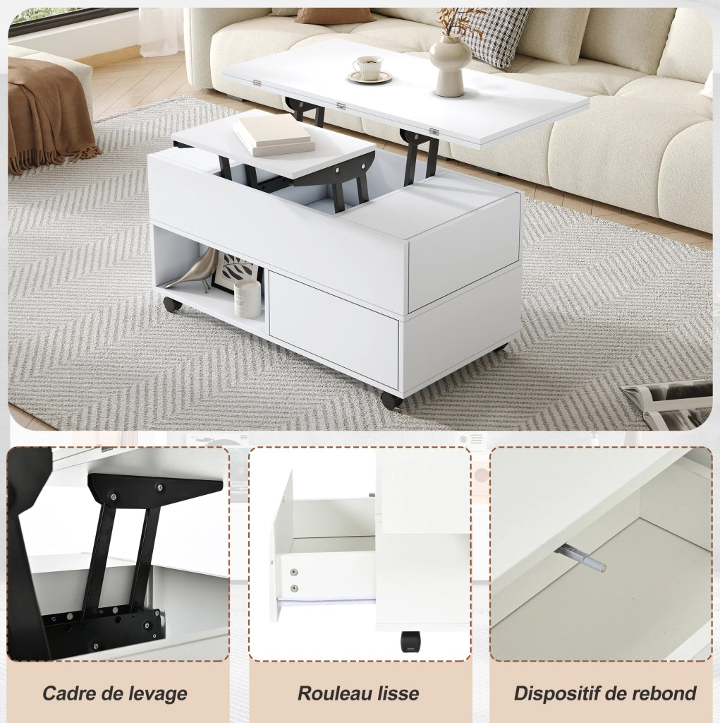Tavolino da salotto sollevabile e multifunzione 100x50x52 cm; bianco in truciolare