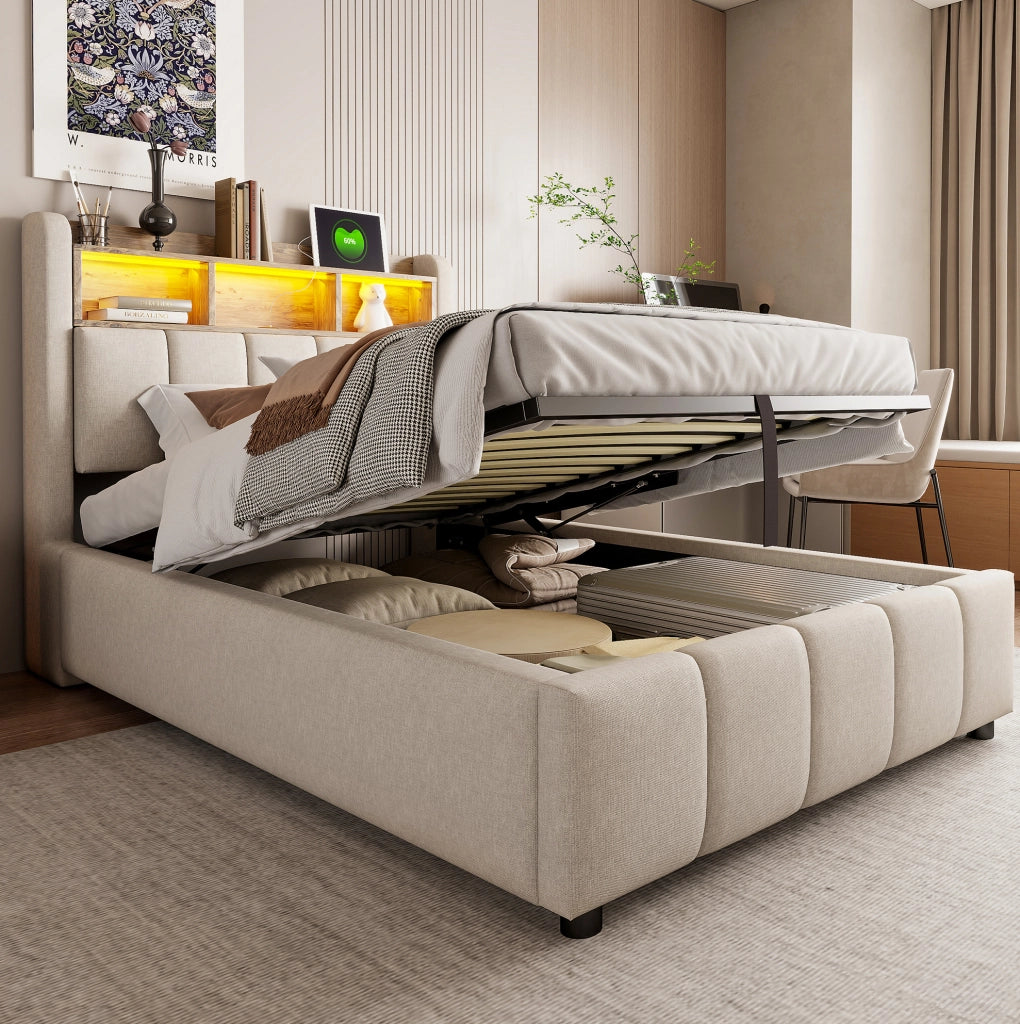 Letto imbottito 90x200 cm con LED; contenitore in lino beige