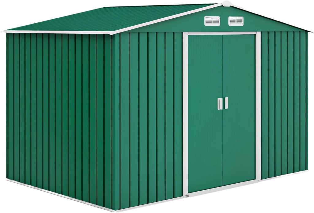 Casetta da Giardino 4.9 m² con Fondazione, 4 Prese d'Aria e 2 Porte Scorrevoli, Capanno Porta Attrezzi in Lamiera d'Acciaio, 277x195x192 cm, Verde Scuro