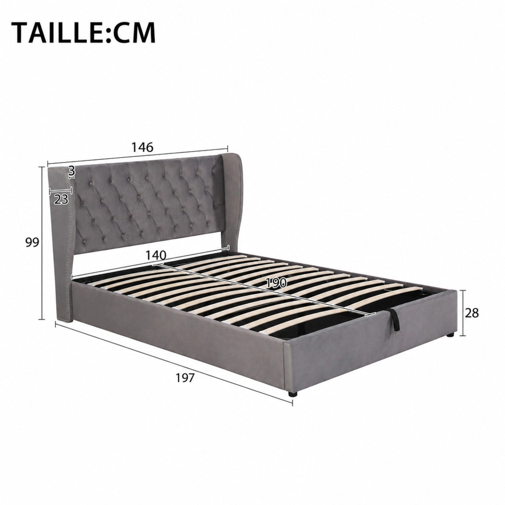DESMIU Letto contenitore 140 × 190 cm 2 posti con vano idraulico, senza materasso, velluto, grigio