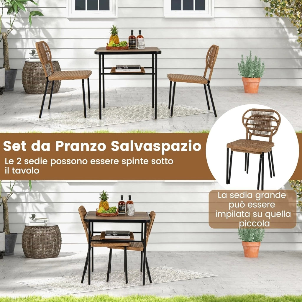 Salottino da Esterno in Rattan e Metallo, Set da Giardino con 2 Sedie Impilabili e Tavolo con Ripiano, Set di Conversazione per Patio e Pranzo