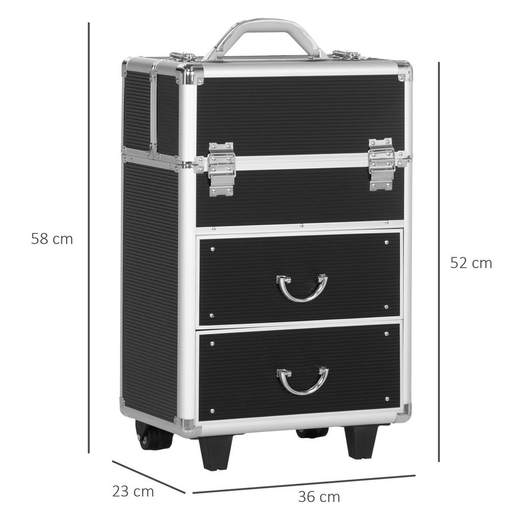 VALIGETTA TROLLEY PER MAKE UP PROFESSIONALE RINFORZATA , BLOCCO CON 2 CHIAVI E RUOTE, NERO 36X23X58 CM