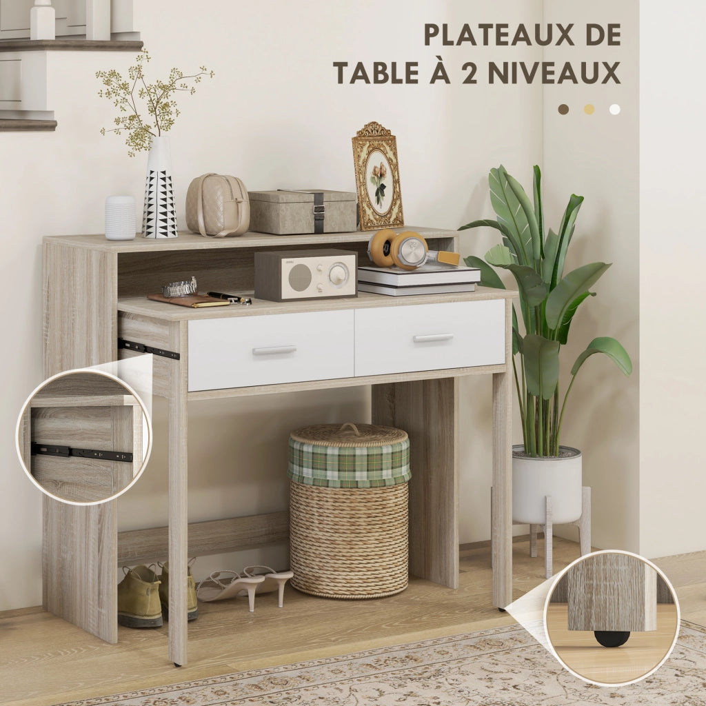 Tavolo console con piano scorrevole e 2 cassetti ¨C Zephmum ¨C 95x35x87 cm, effetto quercia