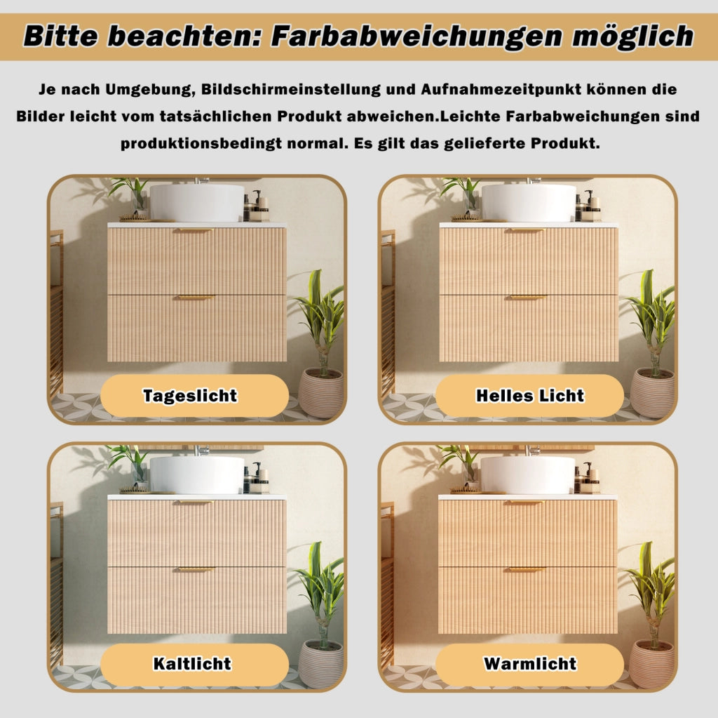 Mobile bagno sospeso 60 cm con lavabo in ceramica, 2 cassetti, MDF naturale