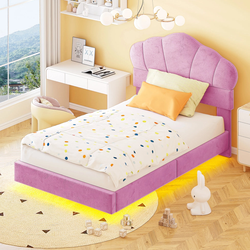Letto imbottito per bambini con testiera a nuvola e LED, 90x200 cm, rosa