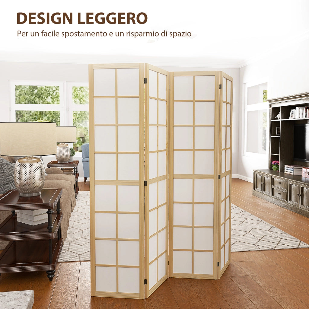 Paravento Pieghevole 4 Pannelli in Legno e Tessuto ¨C zephmum ¨C Legno e Bianco 160x170 cm