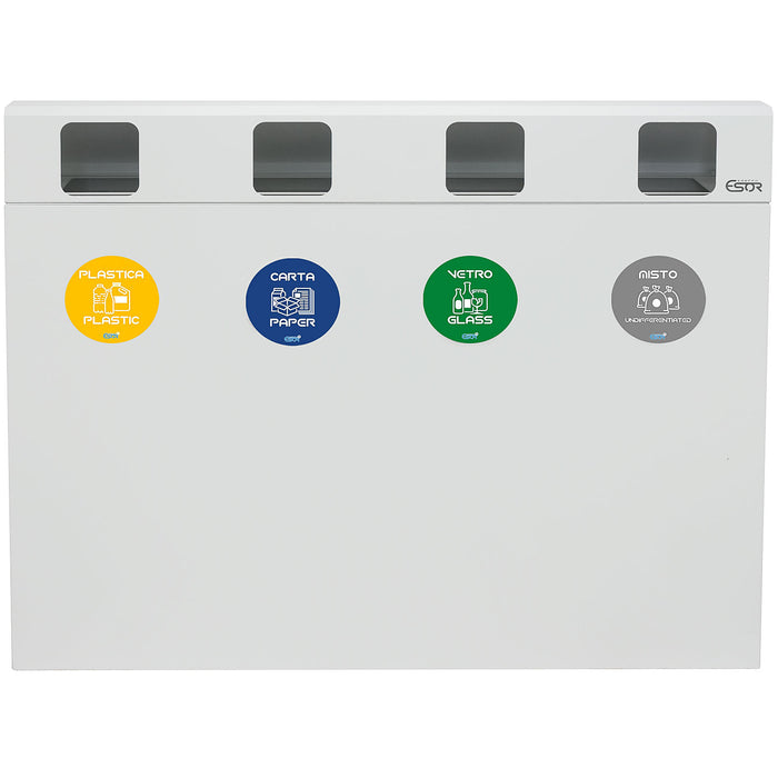 Pattumiera per Raccolta Differenziata 4 Scomparti 240 L 120x30x96 cm in Acciaio Verniciato Bianco
