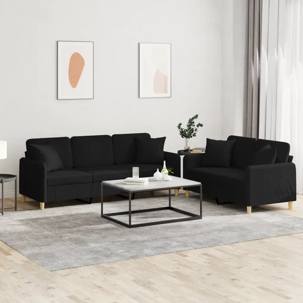 Set Divani 2 pz con Cuscini Nero in Tessuto