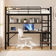 DESMIU Letto a soppalco letto singolo 90 × 200 cm con USB, presa, LED regolabile e scrivania, senza materasso