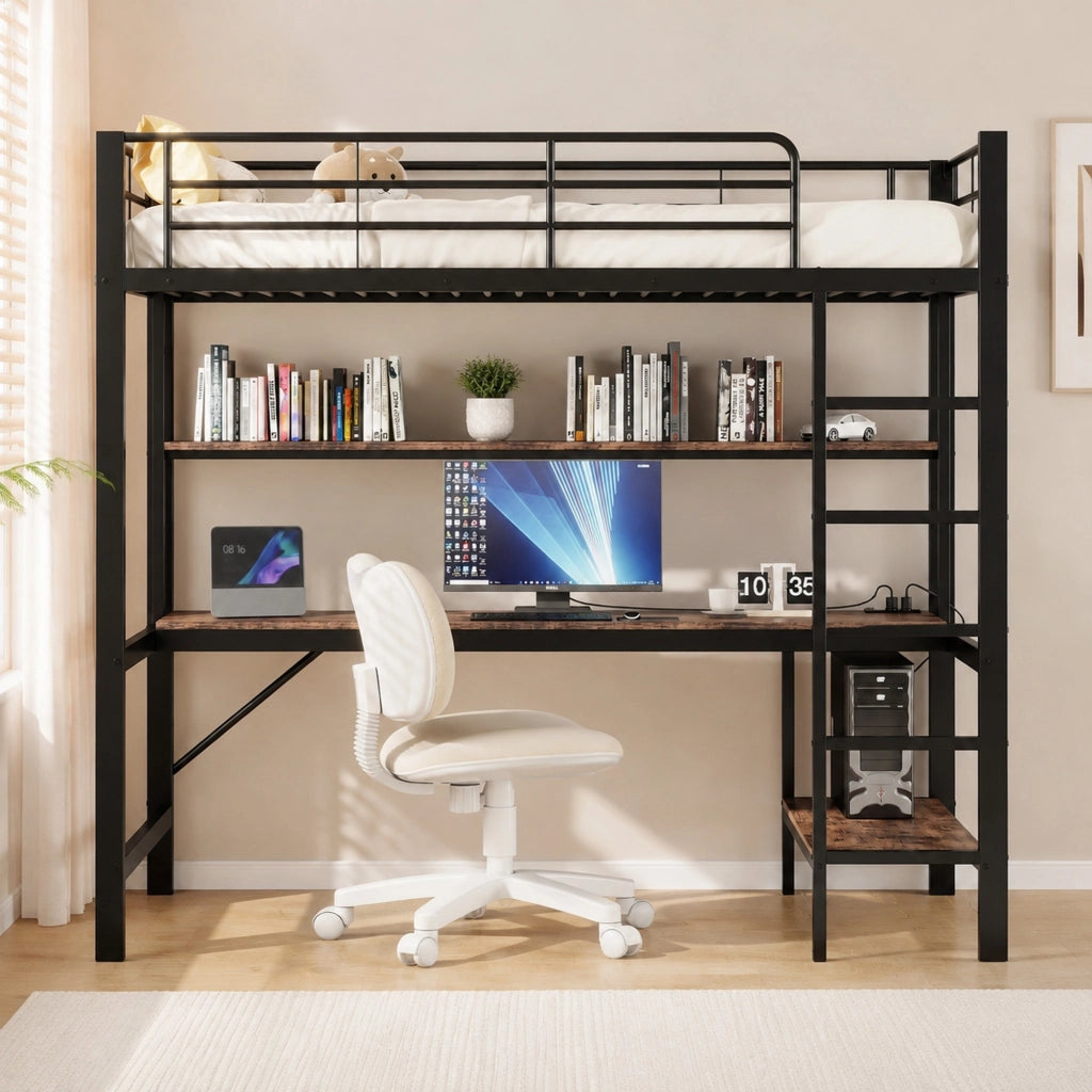 DESMIU Letto a soppalco letto singolo 90 × 200 cm con USB, presa, LED regolabile e scrivania, senza materasso