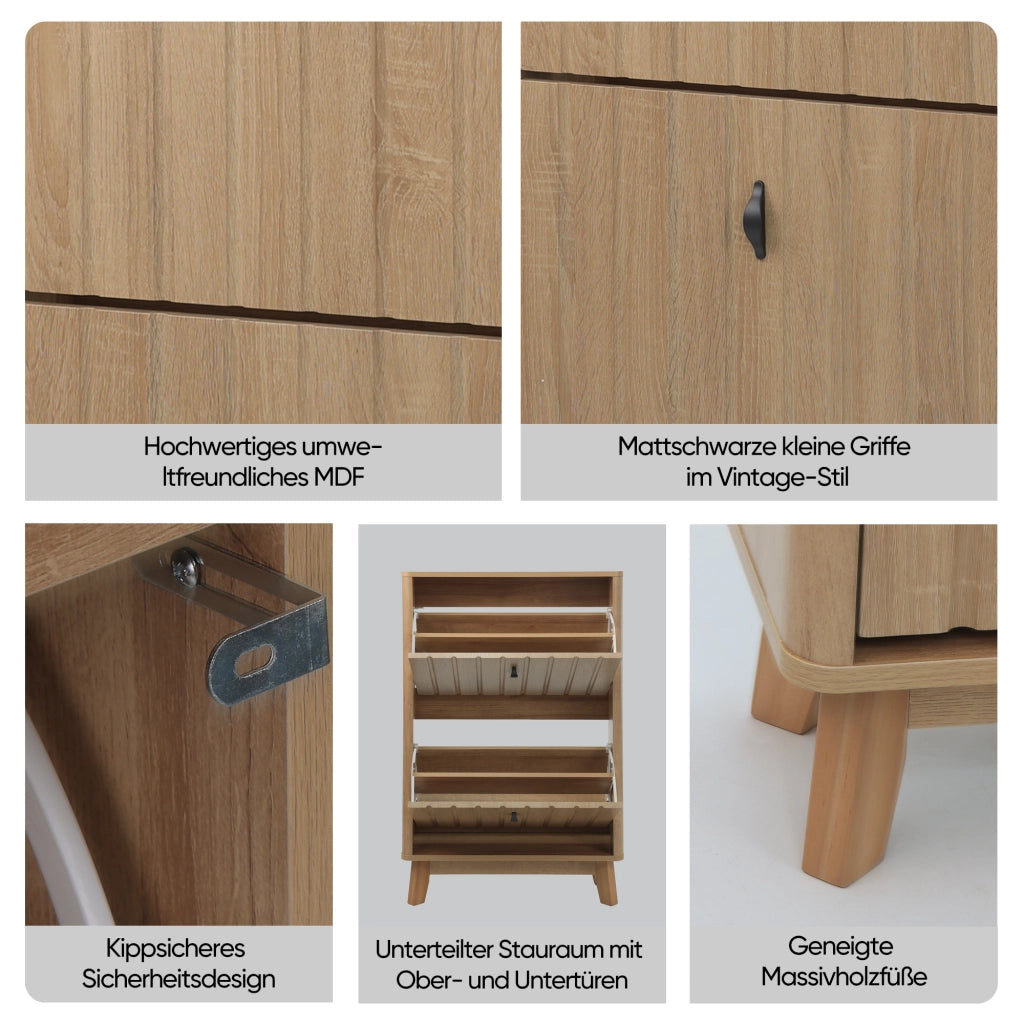Scarpiera con 2 ante, ripiani regolabili e vano chiuso, stile nordico, per ingresso, in MDF e truciolare, rovere