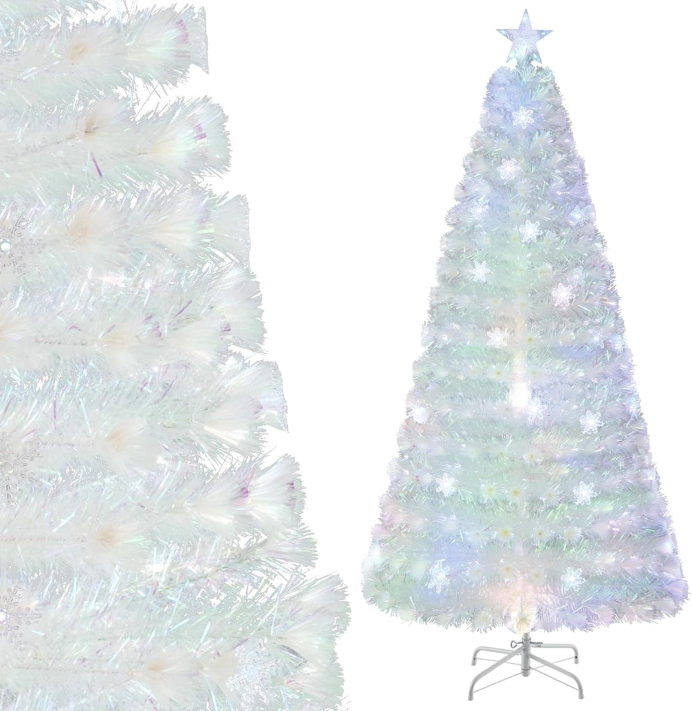 Albero di Natale Pre-illuminato in Fibra Ottica 120/150/180/210 cm, Albero di Natale Bianco con Foglie Iridescenti, Luci a LED a Fiocco di Neve Multicolore, Luce Superiore a Stella (150 CM)