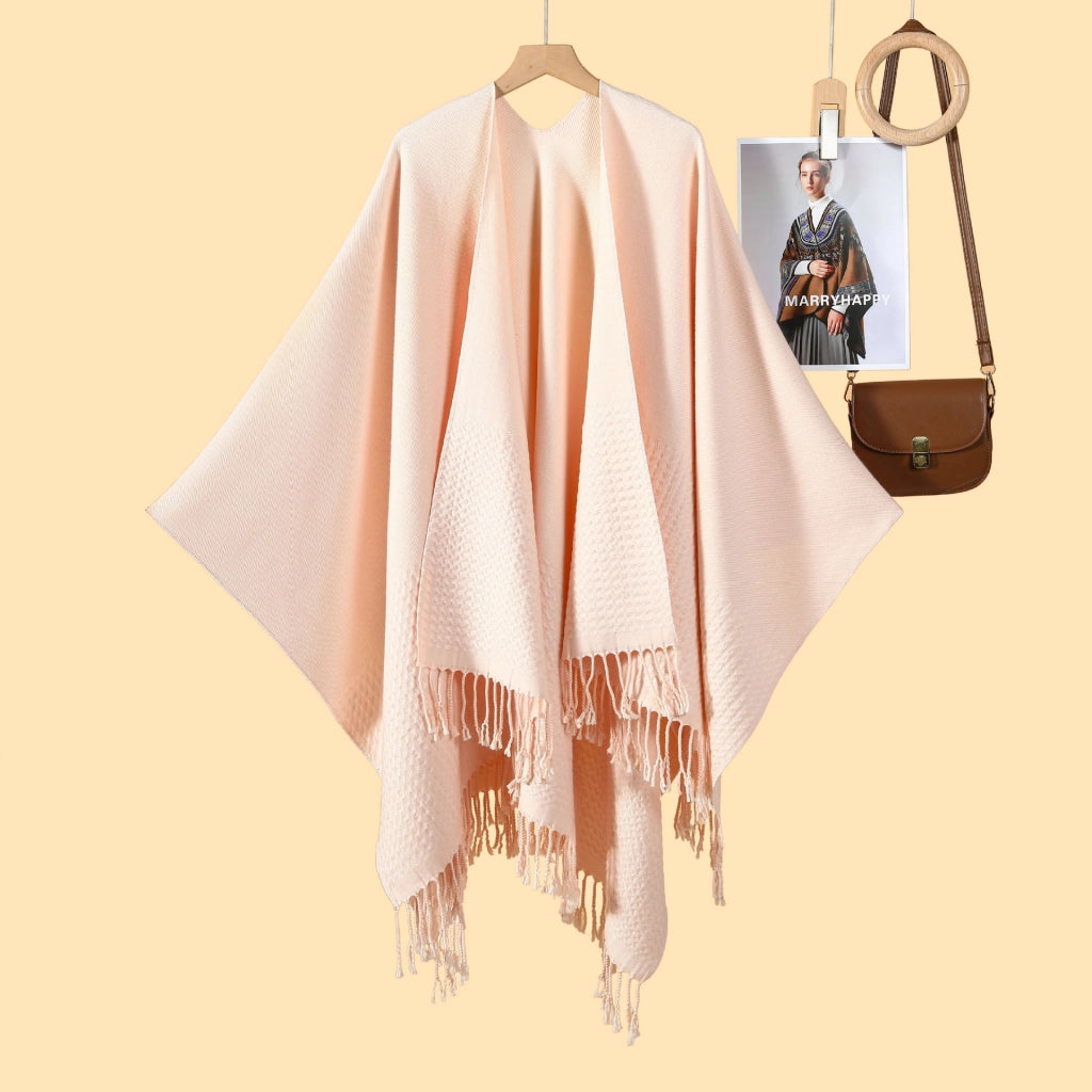 Nuovo scialle monocromatico con nappe, diviso, double-face, jacquard 3D a onde, caldo cashmere