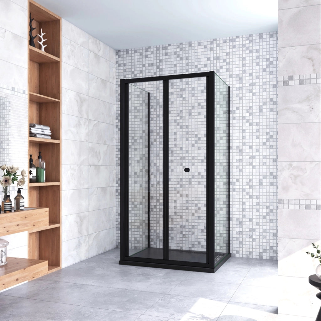 185cm Box Doccia a Tre Lati Porta a Soffietto 70cm con Doppia Parete Fissa 70x70cm in Vetro Temperato Trasparente 5 mm Profilo Nero Opaco