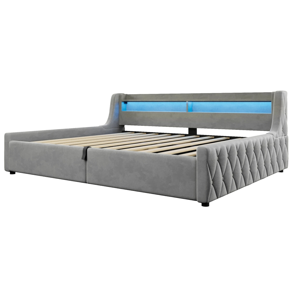 Letto imbottito 140x200 cm con contenitore e LED in flanella grigio