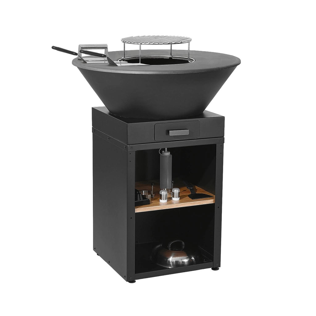 Braciere barbecue con vano portalegna, coperchio e utensili, ø81,5cm,