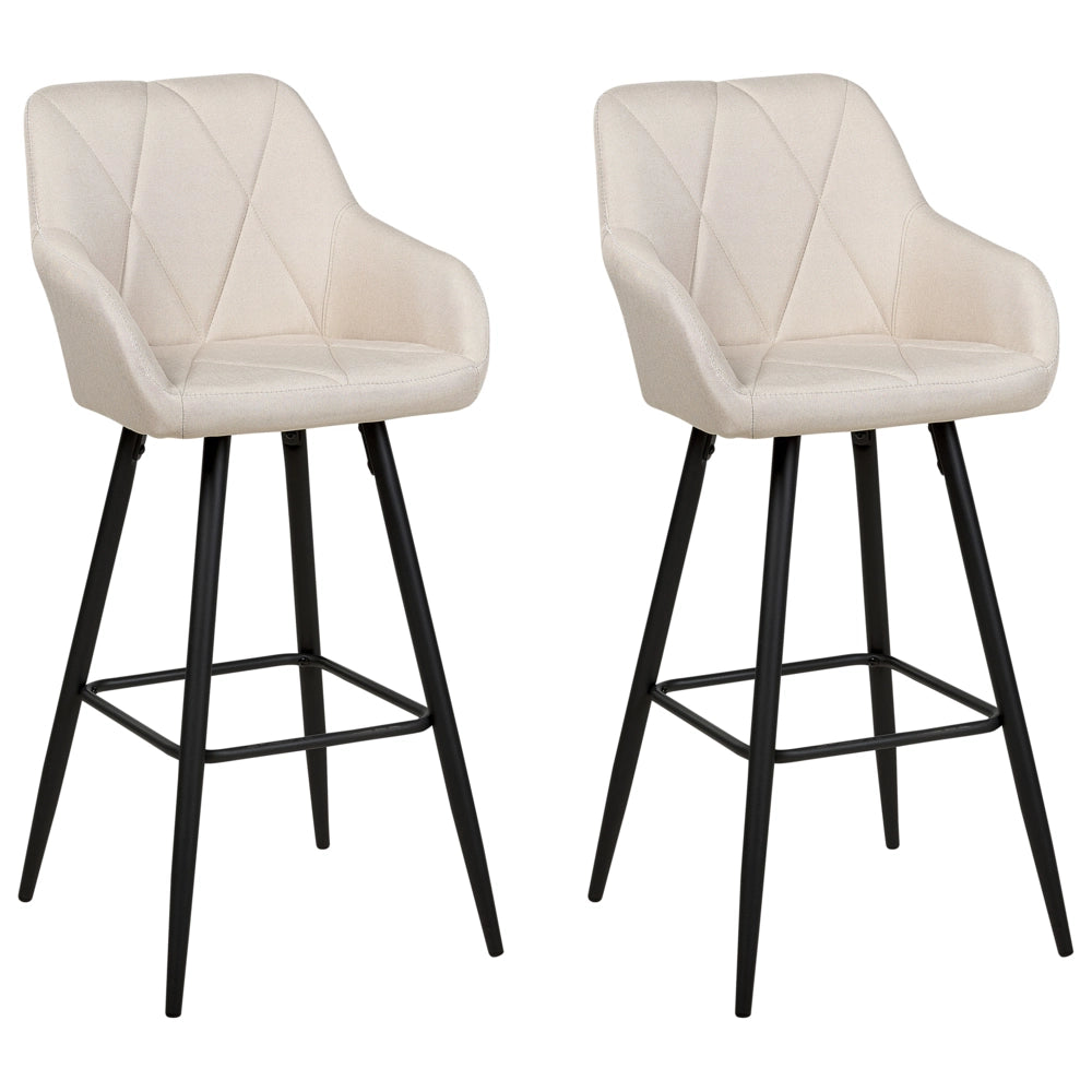 Set di 2 Sgabelli da Bar Rivestiti in Tessuto Beige con Braccioli Schienale Trapuntato Gambe in Metallo Nero