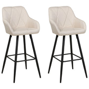 Set di 2 Sgabelli da Bar Rivestiti in Tessuto Beige con Braccioli Schienale Trapuntato Gambe in Metallo Nero