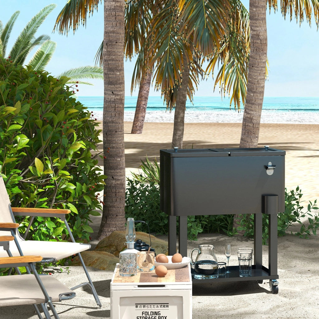 Carrello Portaghiaccio con Ruote e Portabottiglie 56L per Esterno ¨C zephmum ¨C 67x35x80 cm Nero