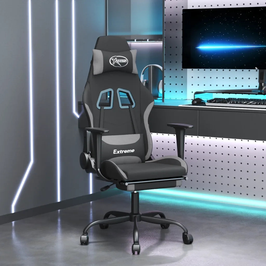 Sedia da Gaming | Sedia da e-sports Massaggio e Poggiapiedi Nero e Grigio Tessuto