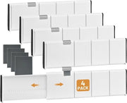 Organizzatore di cassetti a scorrimento, set di 4 distributore di cassetti regolabili (28-44,5 cm, 10,5 cm alto), distributore antiscivolo di cassetti, sistema di organizzazione per cucina, camera da letto, bagno, comodino, bianco