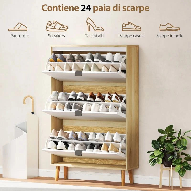 SCARPIERA SLIM MODERNA CON 3 CASSETTI RIBALTABILI PER 24 PAIA DI SCARPE, 80X24X127 CM, BIANCO