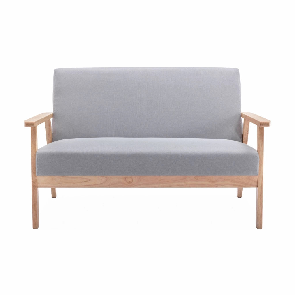 Divano stile scandinavo in legno e tessuto, 2 posti, grigio chiaro