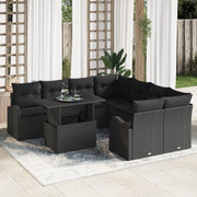 Set di Divano da Giardino 9 Pezzi con Cuscini Nero in Poly Rattan